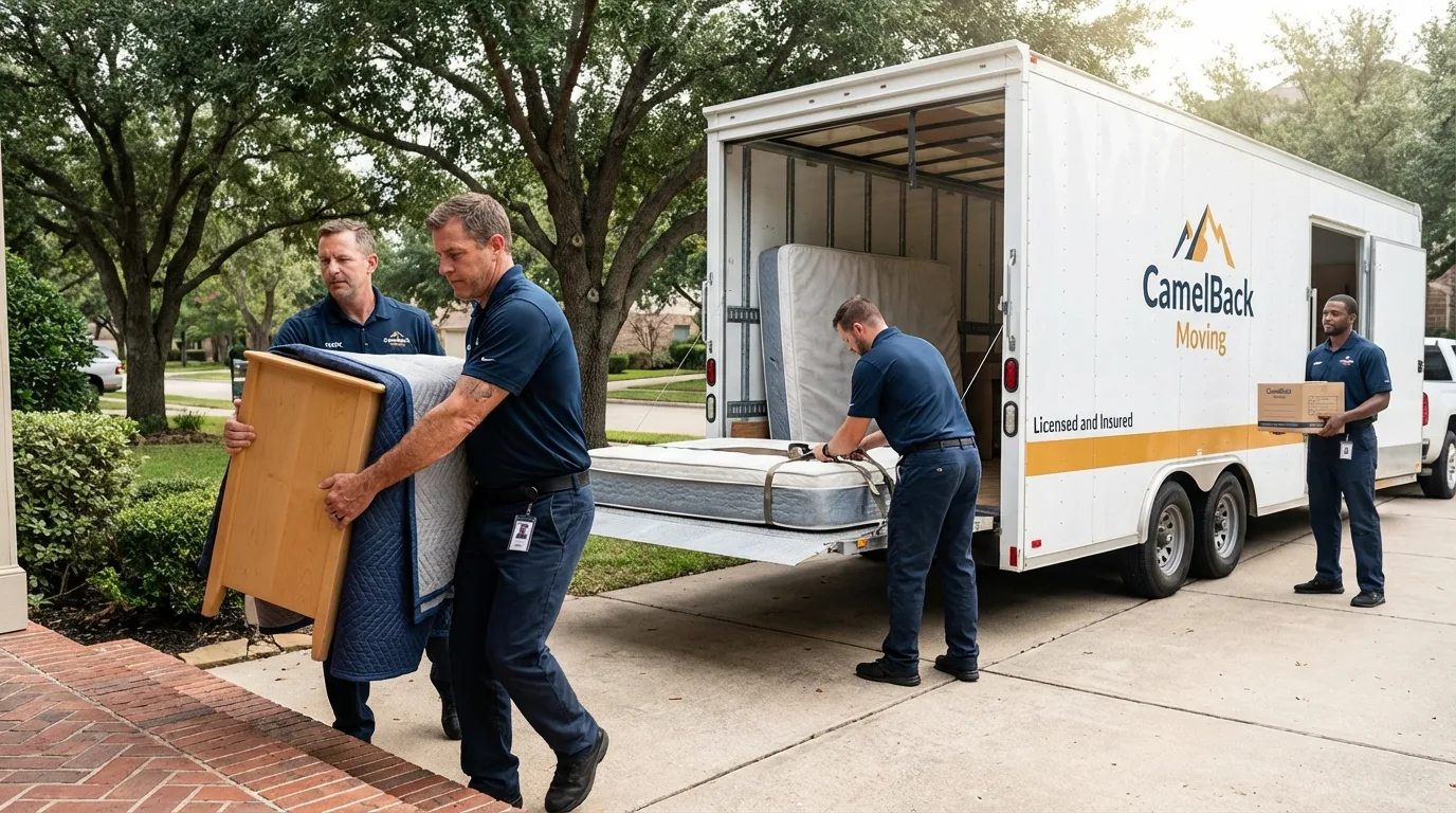 Crew loading residential truck for cross-state move from Quincy, IL