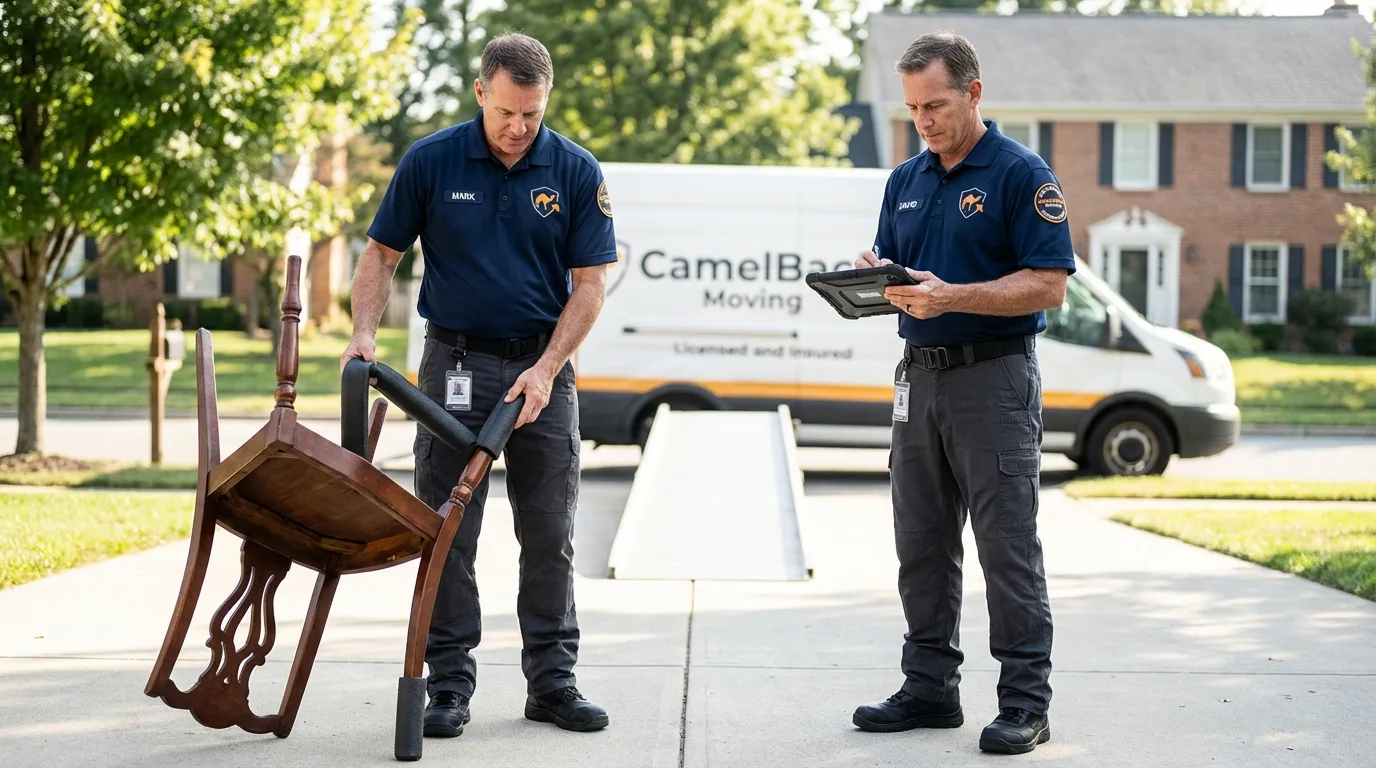 Movers inspecting furniture for damage prevention before loading in Quincy, IL
