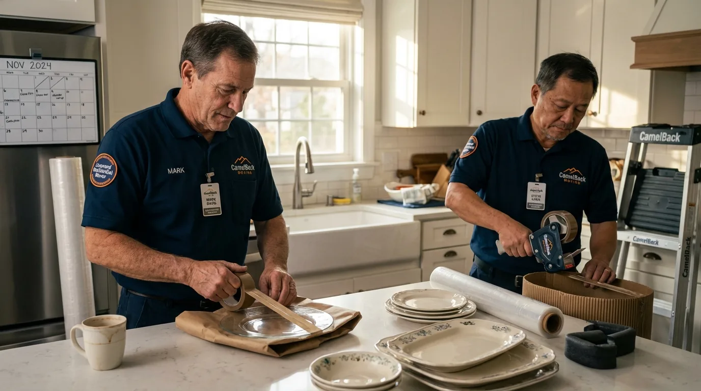 Professional crew packing kitchen dishware in Quincy, IL